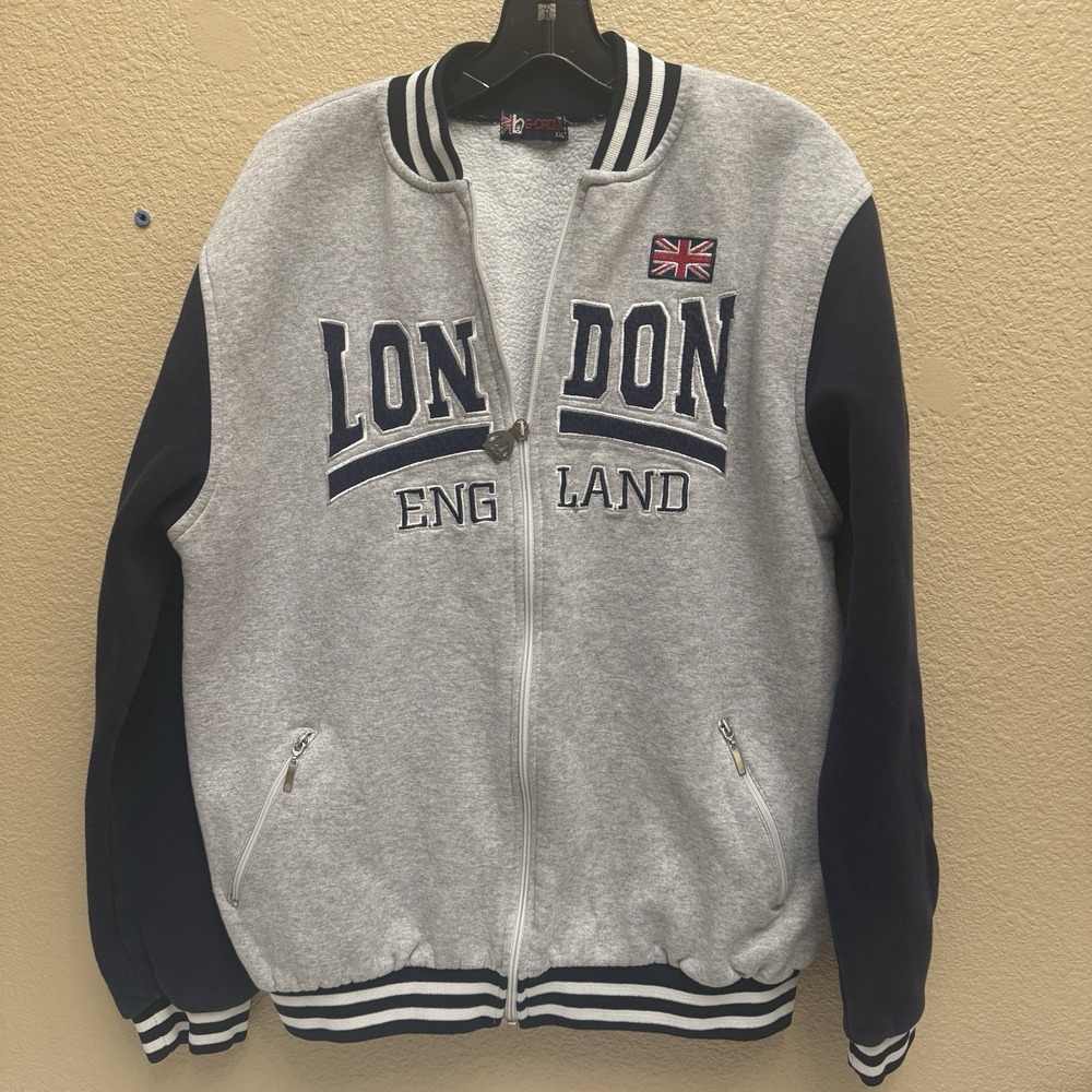 G Crown XXL Full Zip Grey Blue Sweater London England Embroidery